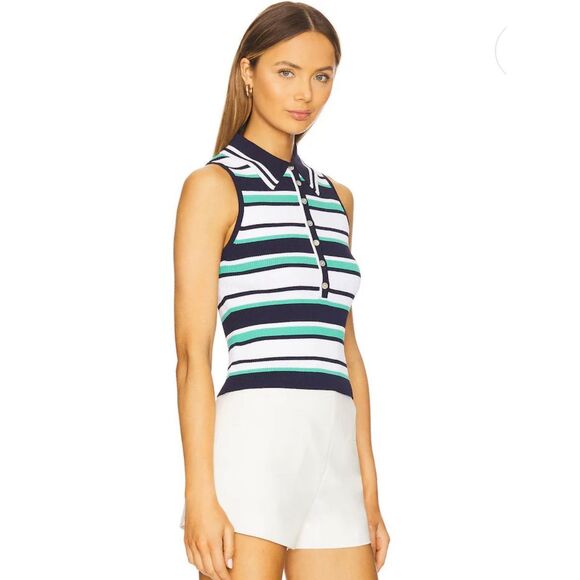 525 America Vivienne Johnny Collar Striped Tank in Dark Blue Multi S - Picture 2 of 8